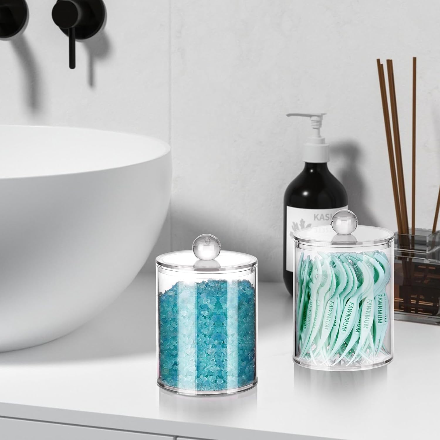 2 Pack Qtip Holder,Canister Apothecary Jar Set, Bathroom Jars with Lids Set for Cotton Swabs, Balls, Pads, Floss Picks,10oz-12oz Plastic Canisters Restroom Bedroom Vanity Organizer(Clear)-FemmiqueWomen