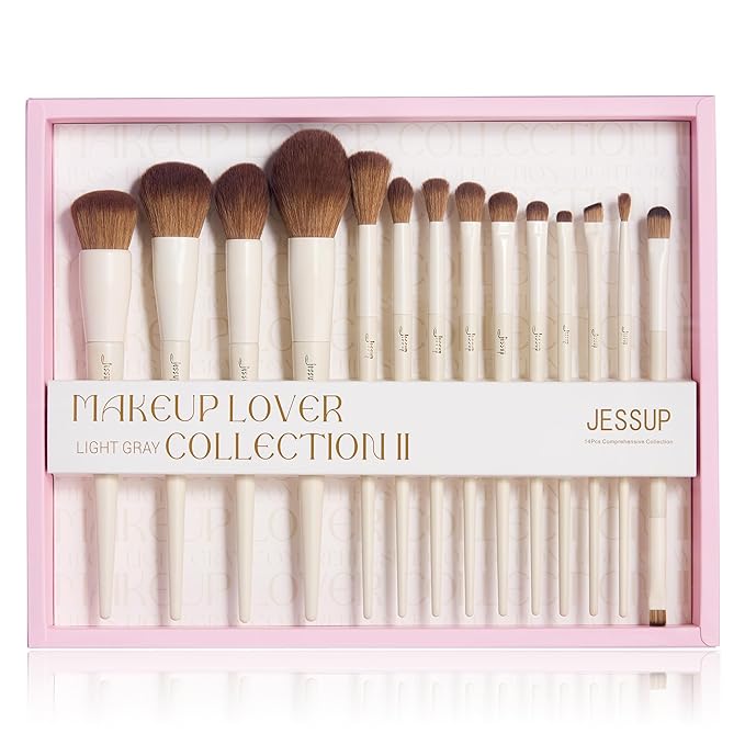 Jessup Makeup Brushes 14Pcs Makeup Brush Set Premium Synthetic Powder Foundation Contour Blush Concealer Eye Shadow Blending Liner Make Up Brush Kit Light Grey with Gift Box, T329-G-FemmiqueWomen