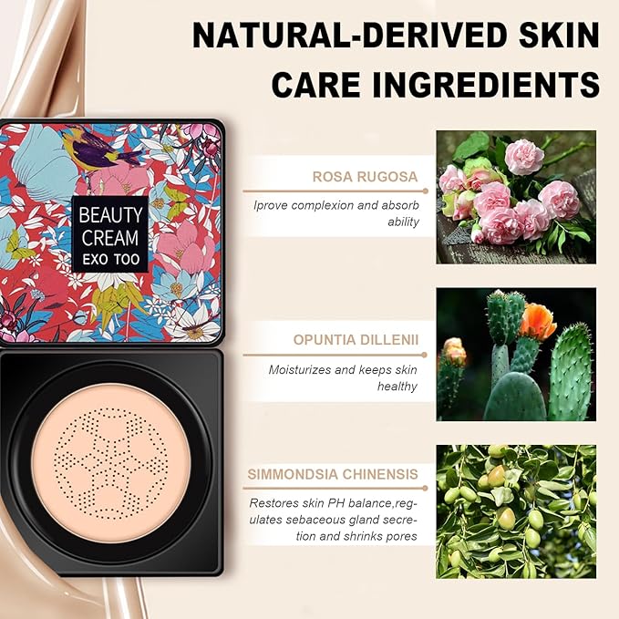 2 Pack Beauty Cream EXO TOO Foundation, Beauty Cream Makeup Base, Moisturizing, Long Lasting Matte Air Cushion CC Cream Concealer with Two Mushroom Head Sponges-FemmiqueWomen