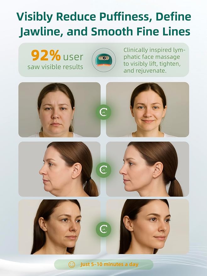 Lymphatic Contour Face Brush – Face Massager for Lymphatic Drainage, Double Chin Reducer, and Facial Sculpting – Gentle Vibrating Lymphatic Drainage Tool for Jawline & Puffiness - Green-FemmiqueWomen