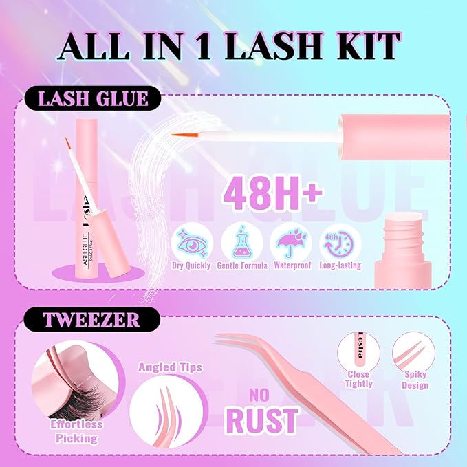 Losha Lashes Fluffy False Eyelashes 5D Volume Eye Lashes Kit with Lash Glue and Lash Tweezers 14 Pairs Vegan Fake Eyelashes Soft Faux Mink Lashes Pack (Thrives)-FemmiqueWomen
