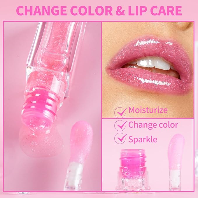 2pc Magic Color Changing Lip Oil, Hydrating Lip Glow Oil Plumping Gloss Tinted Lip Balm Transparent Moisturizing Toot Lip Care-FemmiqueWomen