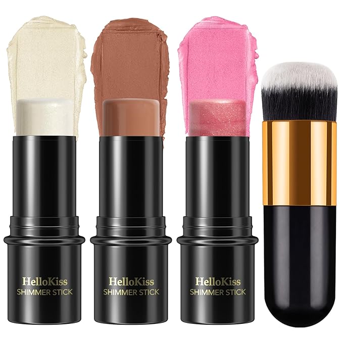 3 Pcs Face Contour Stick Kit, Matte Finish Face Stick Trio with Bronzer Blush Highlighter and Brush, Long Lasting Waterproof Cream Beauty Wand Makeup Set for Sculpt Glowing Face Look (#2, 7, 11)-FemmiqueWomen