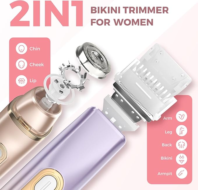 2 in 1 Bikini Trimmer for Women, Dual Head Electric Razor, IPX7 Waterproof Wet/Dry Use Women Electric Shaver, Painless Body Facial Hair Remover for Bikini Legs Arm Underarm, (Lavender)-FemmiqueWomen