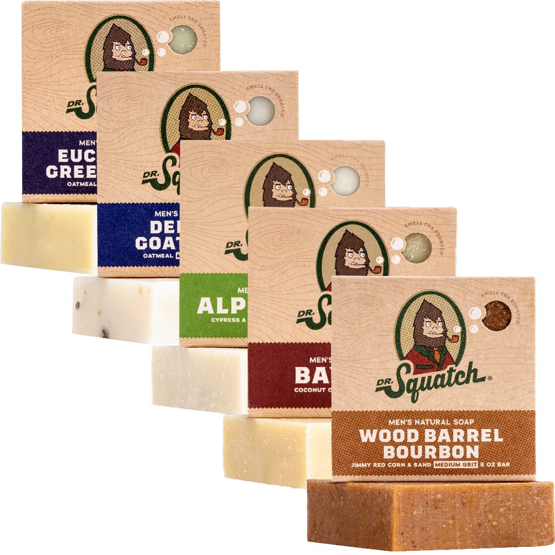 Dr. Squatch Natural Bar Soap for Men - Cold Process Soap with No Harsh Chemicals - Alpine Sage, Bay Rum, Bourbon, Eucalyptus & Goat's Milk (5 oz, 5-Pack)-FemmiqueWomen
