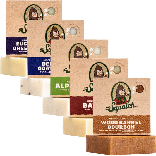 Dr. Squatch Natural Bar Soap for Men - Cold Process Soap with No Harsh Chemicals - Alpine Sage, Bay Rum, Bourbon, Eucalyptus & Goat's Milk (5 oz, 5-Pack)-FemmiqueWomen