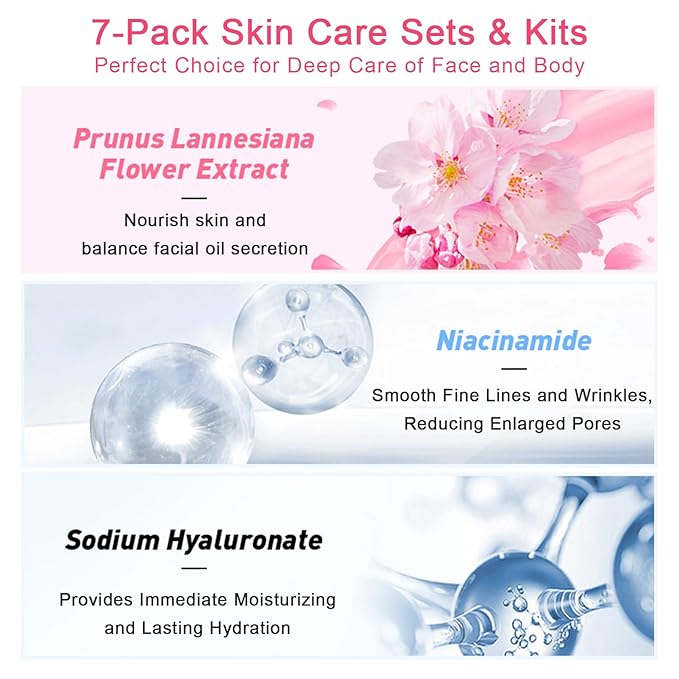 Skin Care Set JAPAN-SAKURA Women Beauty Gift Sets Skin Care Kit, Self-Care Skincare Set: Cleanser,Toner,Serum,Cream,Mud Mask,Eye Cream,Sunscreen, Facial Kit for Women Teen Girls Mom Daughter 7pcs-FemmiqueWomen