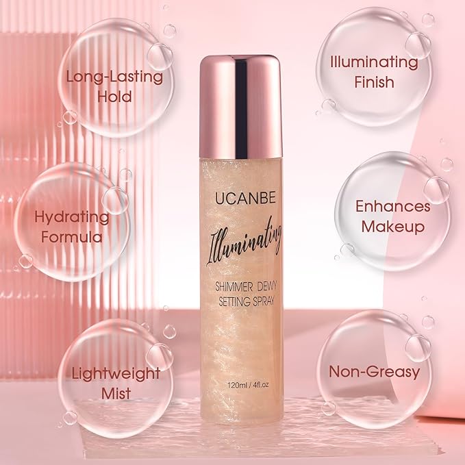 UCANBE Shimmer Dewy Setting Spray – Glowing + Makeup Setting Spray 2 in 1 Lightweight Formula for a Radiant Glow,Long-Lasting Face Mist for Face Body, 4 Fl Oz #Champagne-FemmiqueWomen