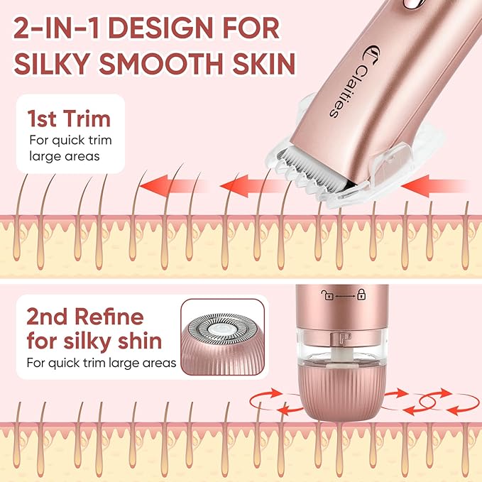 2 in 1 Women Electric Shaver Dual Head Bikini Trimmer for Women IPX7 Waterproof Wet & Dry Use Body Hair Trimmer and Facial Hair Remover for Bikini Underarm Leg Arm Body Face-FemmiqueWomen
