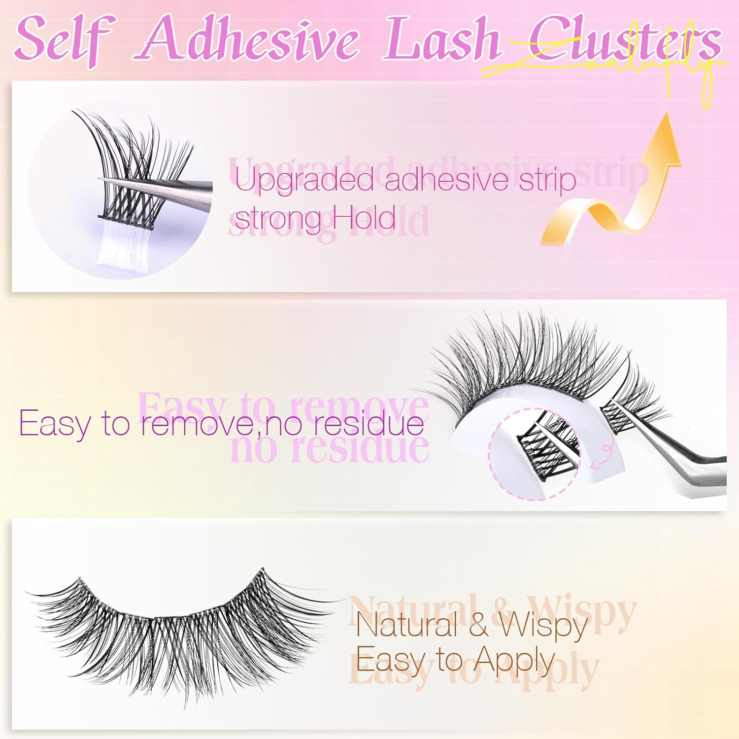 Self Adhesive Eyelashes Natural Self Adhesive Lash Clusters Pre-glued Eyelashes Clusters C-Curly No Glue Lashes Wispy Cluster Lashes 10-16MM DIY Individual Lashes by zanlufly-FemmiqueWomen