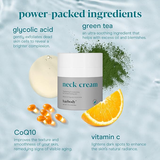 Baebody Firming Neck Cream with AHAs, CoQ10, Glycolic Acid, Green Tea for Sagging Skin, Fine Lines, Wrinkles, 1.7 Fl Oz-FemmiqueWomen