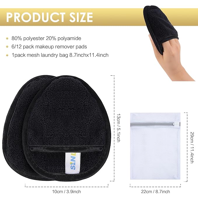 SINLAND Reusable Makeup Remover Pads For Face,Eye,Lips Microfiber Gentle Facial Cleansing Cloths for All Skin Types Friendly for Makeup Remover With Laundry Bag Black Pack of 12-FemmiqueWomen