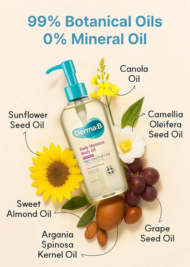 Derma B | Daily Moisture Body Oil | 99% Natural Argan & Sweet Almond Oil | Shower Oil for Dry Sensitive Skin | Light & Long-Lasting Hydration | Skin Body Care Oil with Peach Scent | 6.78 fl oz (200ml)-FemmiqueWomen