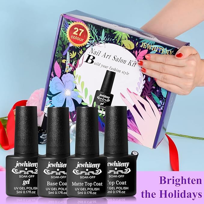 JEWHITENY 30PCS Nail Polish Kit 27 Colors Green Blue Pink Orange Gitter Sock Off Gel Polish with Matte& Glossy Top Base Coat for DIY Nail Art Manucure at Home Salon-FemmiqueWomen