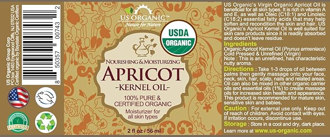 US Organic Apricot Kernel Oil, USDA Certified Organic,100% Pure & Natural, Cold Pressed Virgin, Unrefined in Amber Glass Bottle w/Glass Eyedropper for Easy Application (2 oz (Small))-FemmiqueWomen