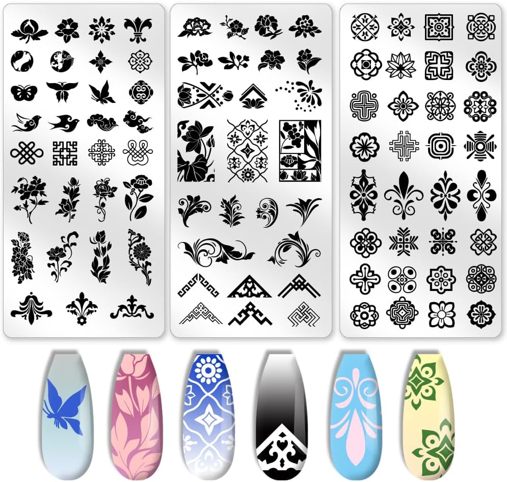 3Pcs Geometric Nail Stamping Templates Celadon French Tip Nail Art Stamp Plates Image Plate Stainless Steel DIY Reusable Tools for Manicure Printing-FemmiqueWomen