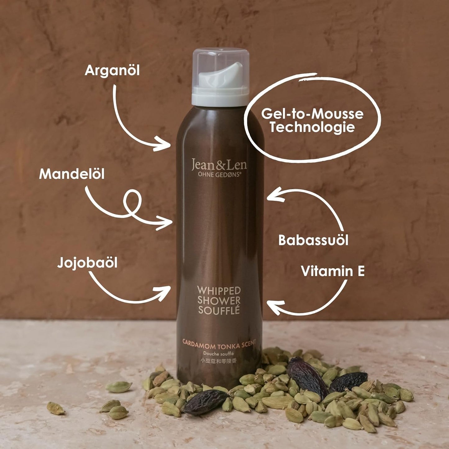 Jean & Len Shower Soufflé Cardamom & Tonka, almond, jojoba and babussa oil, for a fragrant cleansing experience, for normal to dry skin, shower foam, without parabens & silicones, vegan, 6.76 Fl. Oz.-FemmiqueWomen