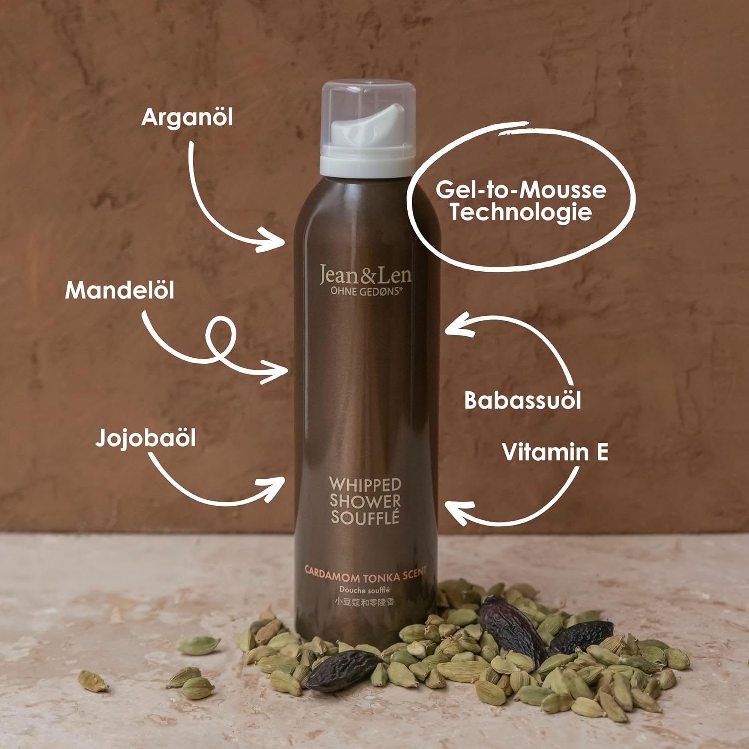 Jean & Len Shower Soufflé Cardamom & Tonka, almond, jojoba and babussa oil, for a fragrant cleansing experience, for normal to dry skin, shower foam, without parabens & silicones, vegan, 6.76 Fl. Oz.-FemmiqueWomen