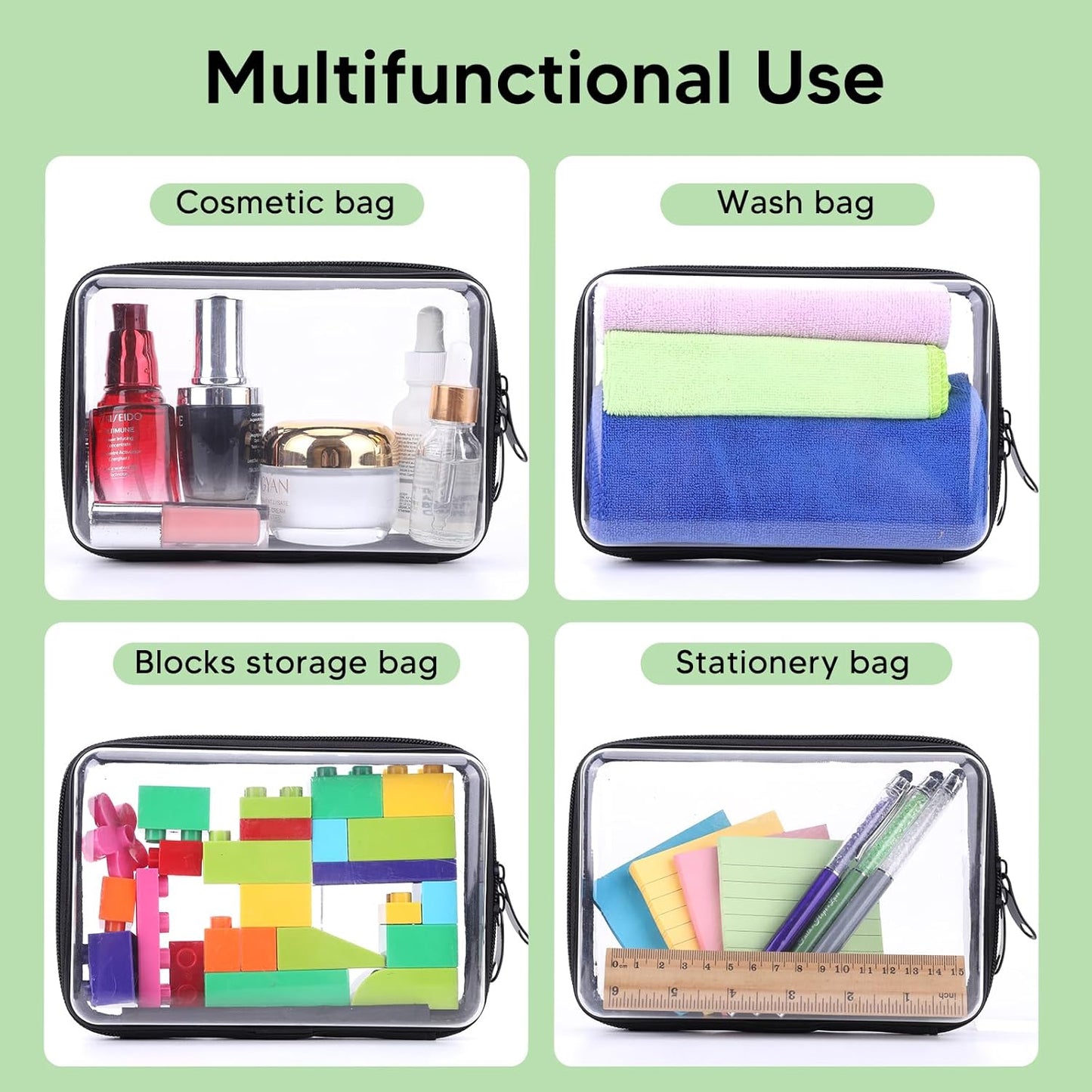 2 Pack Clear Hard Zipper Case, Hard PC Plastic Cosmetic Travel Bag with Zipper, Portable Travel Organizer Bins, Durable Makeup Bags for Toy Storage, Pencil Case-FemmiqueWomen