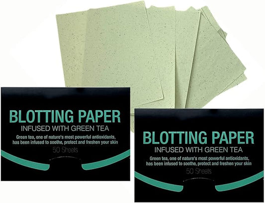 2 Pks GREEN TEA INFUSED Soothing Natural Abaca Blotting Paper - 100 Oil Blotting Sheets - Makeup Friendly UNISEX Oily Skin Shine Blotter Photography Zoom Meetings Travel Gym School - MADE IN TAIWAN-FemmiqueWomen