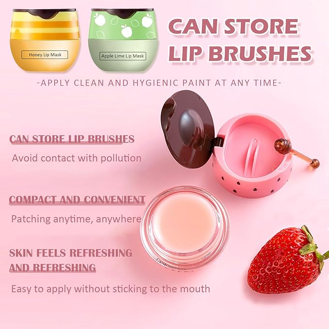 3 Pcs Bee Lip Balm Honey Pot,Strawberry&Honey&Apple Lime Lip Sleeping Mask Hydrating Prevention Dry and Cracked Lip Scrubs Exfoliator Lip Care,Lip Mask Overnight Reduces Lip Lines-FemmiqueWomen