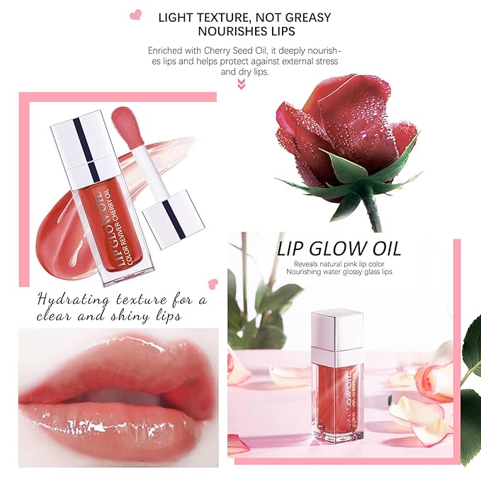 2 Set Lip Oil Hydrating Tinted Lip Balm, Plump Lip Gloss Lip Care Transparent Toot Lip Oil Tinted, Fresh Texture & Non-sticky, Nourishing Repairing Lightening Lip Lines Lip Care Products (Pink / Rosewood)-FemmiqueWomen