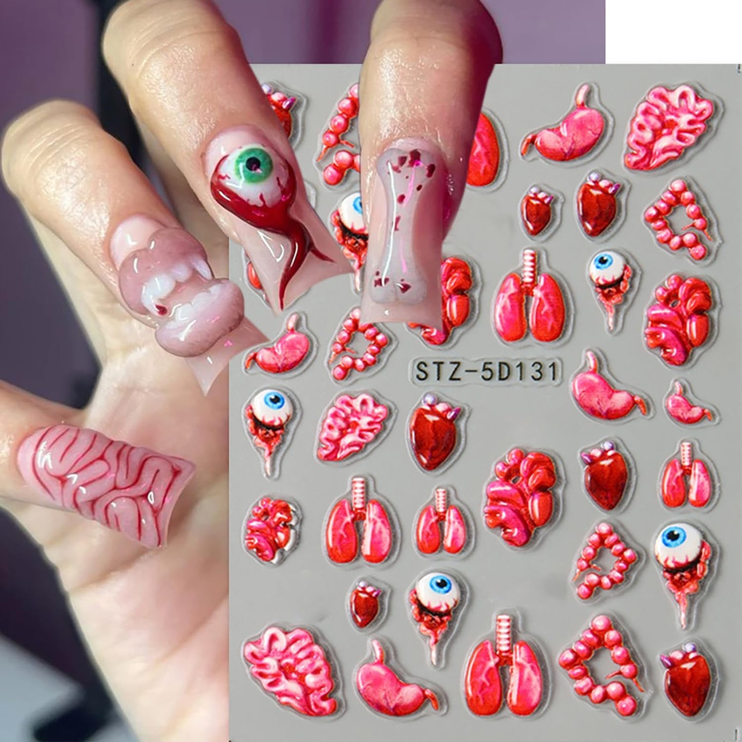 2 Sheets Halloween Horror Nail Art Stickers 5D Embossed Blood Eyes Wounds Pattern Nail Stickers Gothic Horror Day of Death Design Nail Sticker for Women Holiday DIY Manicure Decoration-FemmiqueWomen