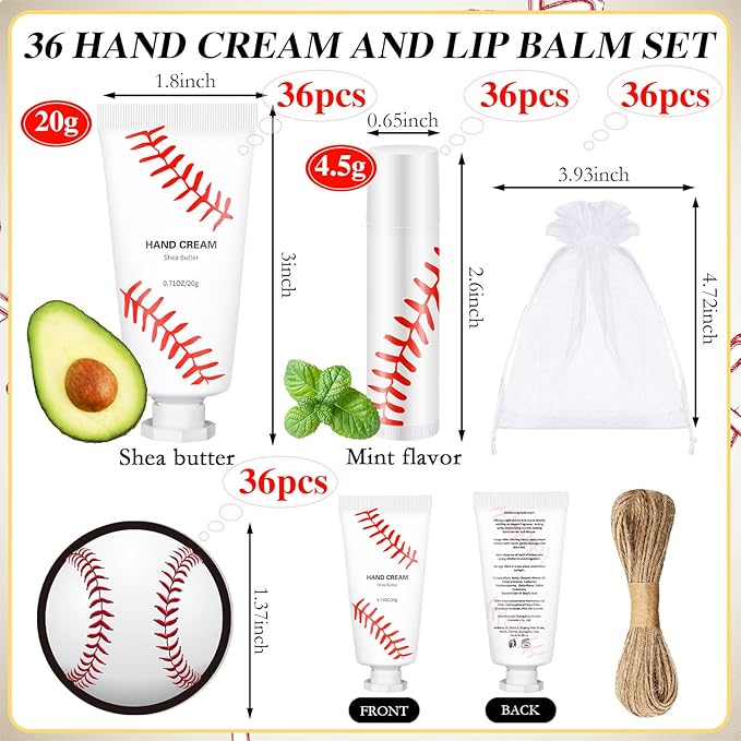144 Pcs Baseball Lip Balm Hand Cream Set Baseball Party Supply, Include 36 Baseball Lip Balm 36 Moisturizing Hand Cream 36 Baseball Bag 36 Baseball Card and Rope for Baseball Accessories Gifts-FemmiqueWomen