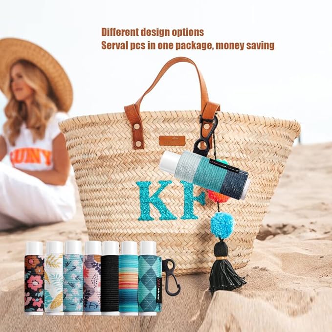 3PCS Lip Balm Holder Sleeves Chapstick Holder Keychain Lip Gloss Holder Keychain Elastic Sleeves (Black/light blue strip/dark blue strip)-FemmiqueWomen