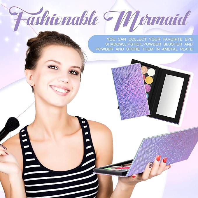 2 Pieces Magnetic Palette Mermaid Empty Palette with Mirror and 36 Pcs Adhesive Metal Empty Palette Stickers Large Mermaid Makeup Empty Palette for Eyeshadow Lipstick Blush Powder-FemmiqueWomen