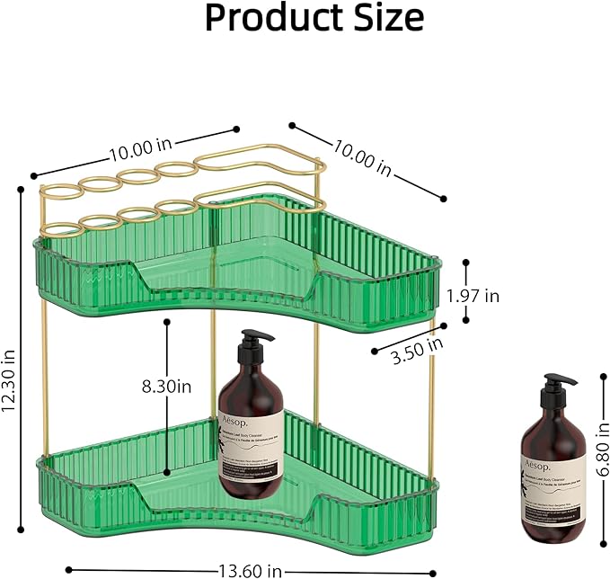 2 Tier Corner Bathroom Organizer Countertop, Vanity Makeup Organizer with Brush Holder, Space-Saving Skincare Storage Corner Shelf for Bathroom, Dressing Table, Kitchen-FemmiqueWomen
