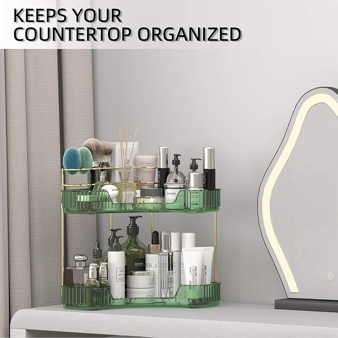 2 Tier Corner Bathroom Organizer Countertop, Vanity Makeup Organizer with Brush Holder, Space-Saving Skincare Storage Corner Shelf for Bathroom, Dressing Table, Kitchen-FemmiqueWomen