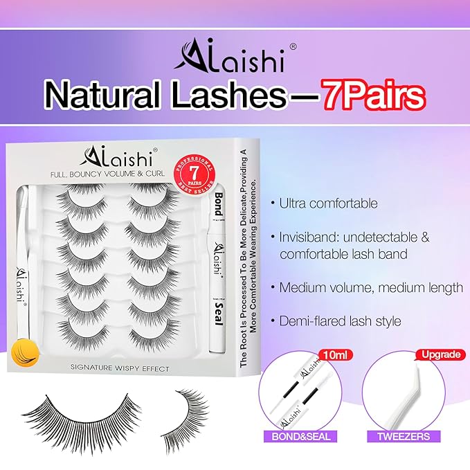 Wispy False Eyelashes Kit With Bond, Seal and Tweezer, 7 Pairs Natural Look Fake Cat Eye Lashes Strips Thin Band Extensions Waterproof Easy Eyelashes for Beginners DF2-FemmiqueWomen