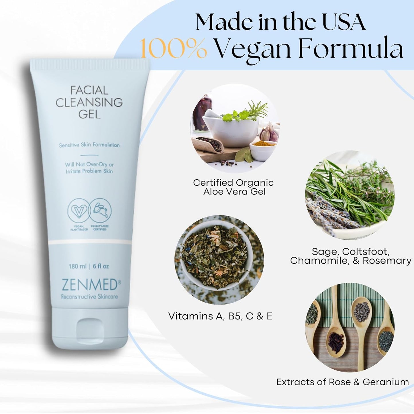 ZENMED Facial Cleansing Gel 6 oz for Women and Men - All-in-One Cleanser Face Wash | Hydrating Cleanser & Gel for Sensitive Skin | Natural, Organic Facial Wash - USA Made-FemmiqueWomen