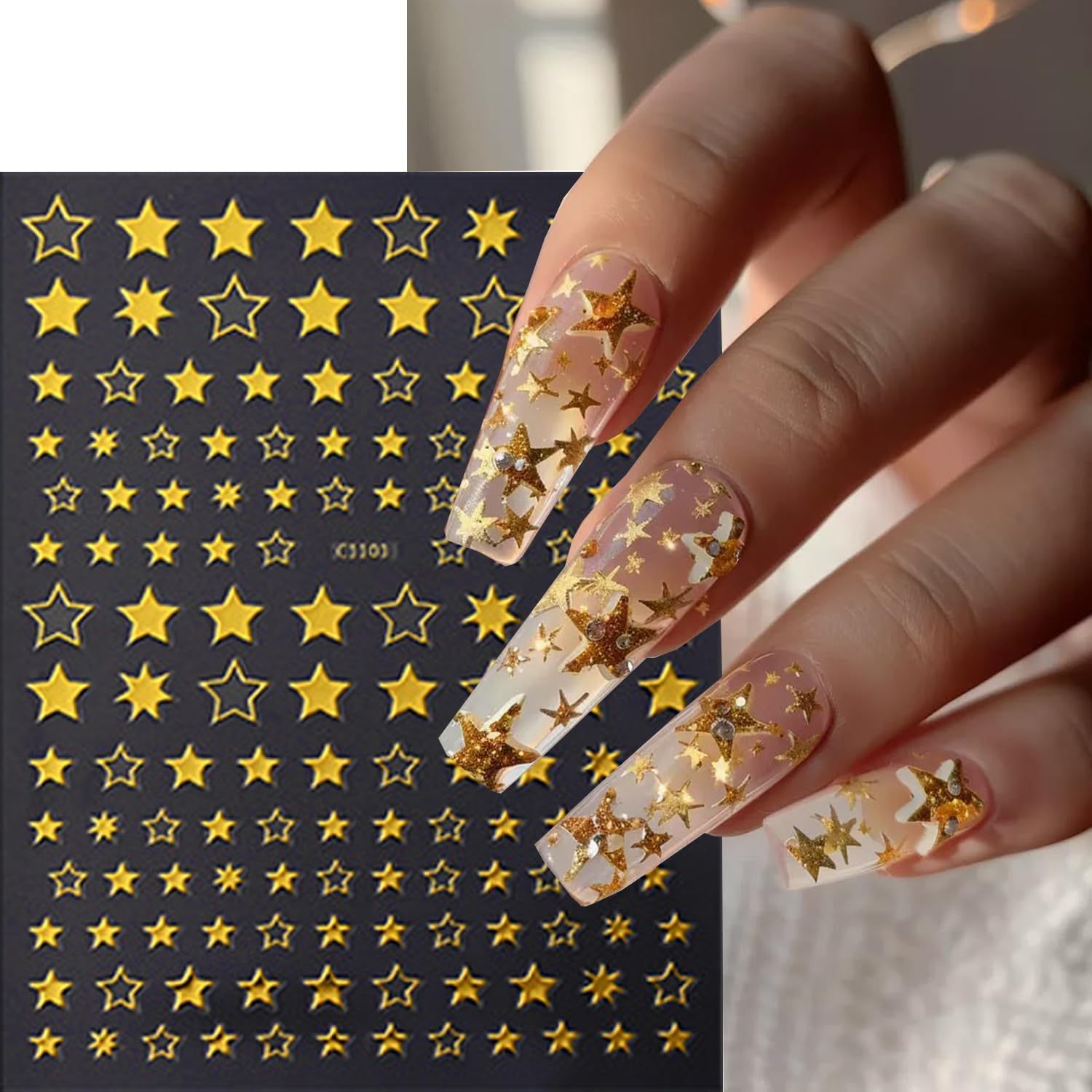 12 Sheets Stars Nails Stickers 3D Self Adhesive Nail Decals Stars Nail Design Shiny Starlight DIY Transfer Decal Colorful Star Nail Tip Sticker Pentagram Glitter Manicure Decoration-FemmiqueWomen