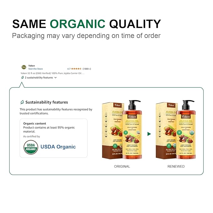 Yoken 32 fl oz (EWG Verified) 100% Pure Jojoba Carrier Oil - Unrefined, Hexane-Free, Cold Pressed for Skin, Face, Hair, Nails, and Massage-FemmiqueWomen