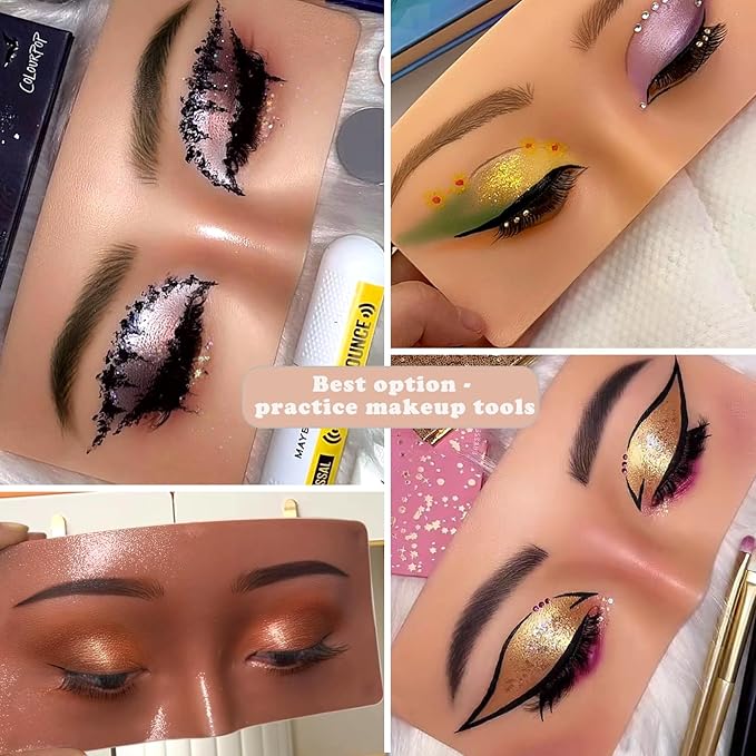 Mannequin Face for Makeup Practice, Makeup Practice Face Board with Makeup Brushes Rhinestones Sticker, Silicone Makeup Mannequin Face for Makeup Artist Supplies(Wheat colored)-FemmiqueWomen