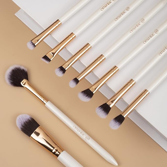 OMANIAC Makeup Brush Set Professional, 12 Pearlescent Wood Handle Makeup Brushes, Premium Cruelty-Free Synthetic Fiber Hair, Travel Make up Brushes Set with Case (White).-FemmiqueWomen