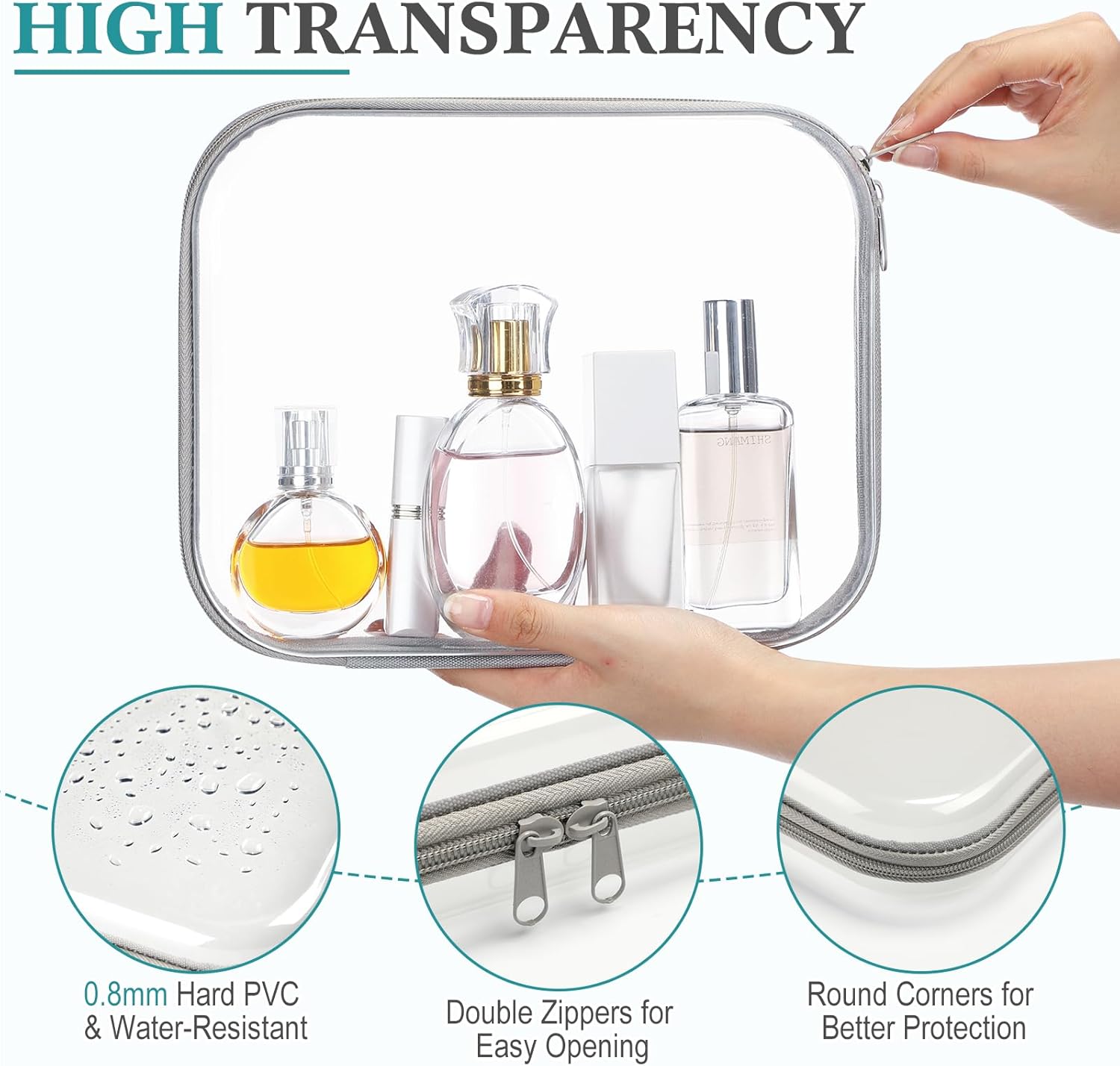 Sanwuta 6 Pcs Clear Hard Zipper Case Pencil Pouches Hard Plastic Zipper Pouches Makeup Bag Transparent Cases for Snacks Plastic Storage Organizer Box for Travel(Gray,9.84 x 7.87 x 2 Inch)-FemmiqueWomen