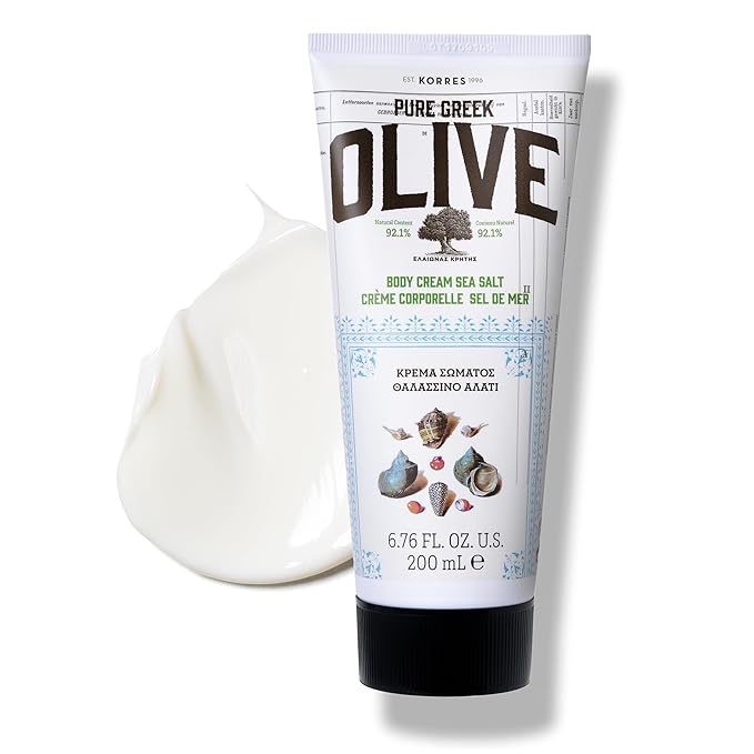 KORRES Olive Body Lotion for Dry Skin, Moisturizer Cream with Vitamin E, Aloe and Pure Greek Olive Oil for Body Care, Hydrating and Nourishing for Smooth, Supple Skin, Sea Salt Scented, 6.76 fl oz-FemmiqueWomen