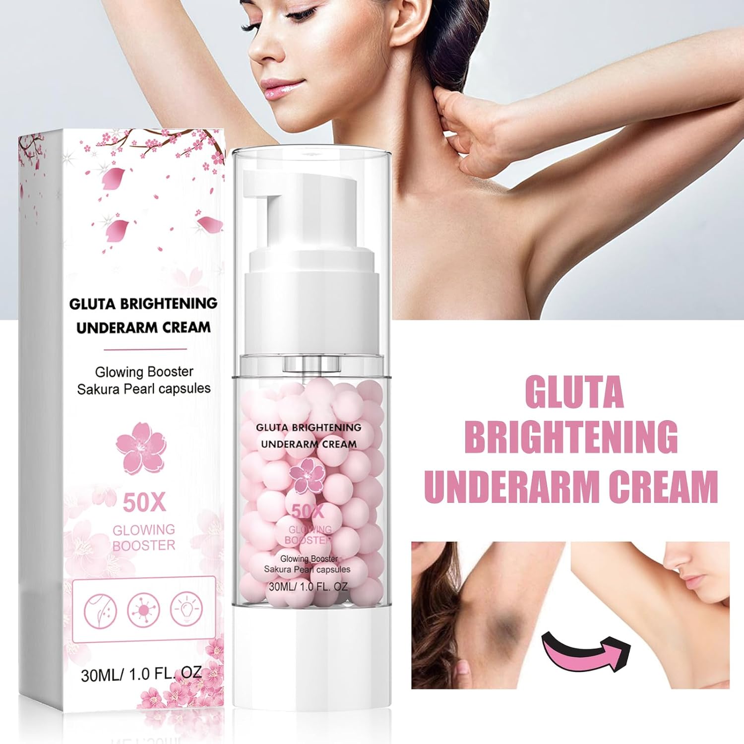 2PCS Gluta Brightening Booster Cream, Underarm Brightening Cream, Brightening Booster Sakur Pearl Capsules,Body Care Cream,Exfoliating Body Gel For Women-FemmiqueWomen