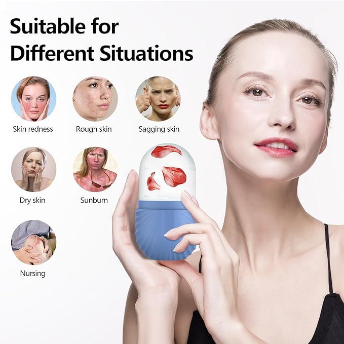 2pcs Ice Roller for Face and Eye, Silicone Ice Facial Roller Ice Holder, Face Ice Mold Skin Care, Face Icers Reusable Ice Cube Roller for Shrink Pores Anti Wrinkle Reduce Puffiness, Black Blue-FemmiqueWomen