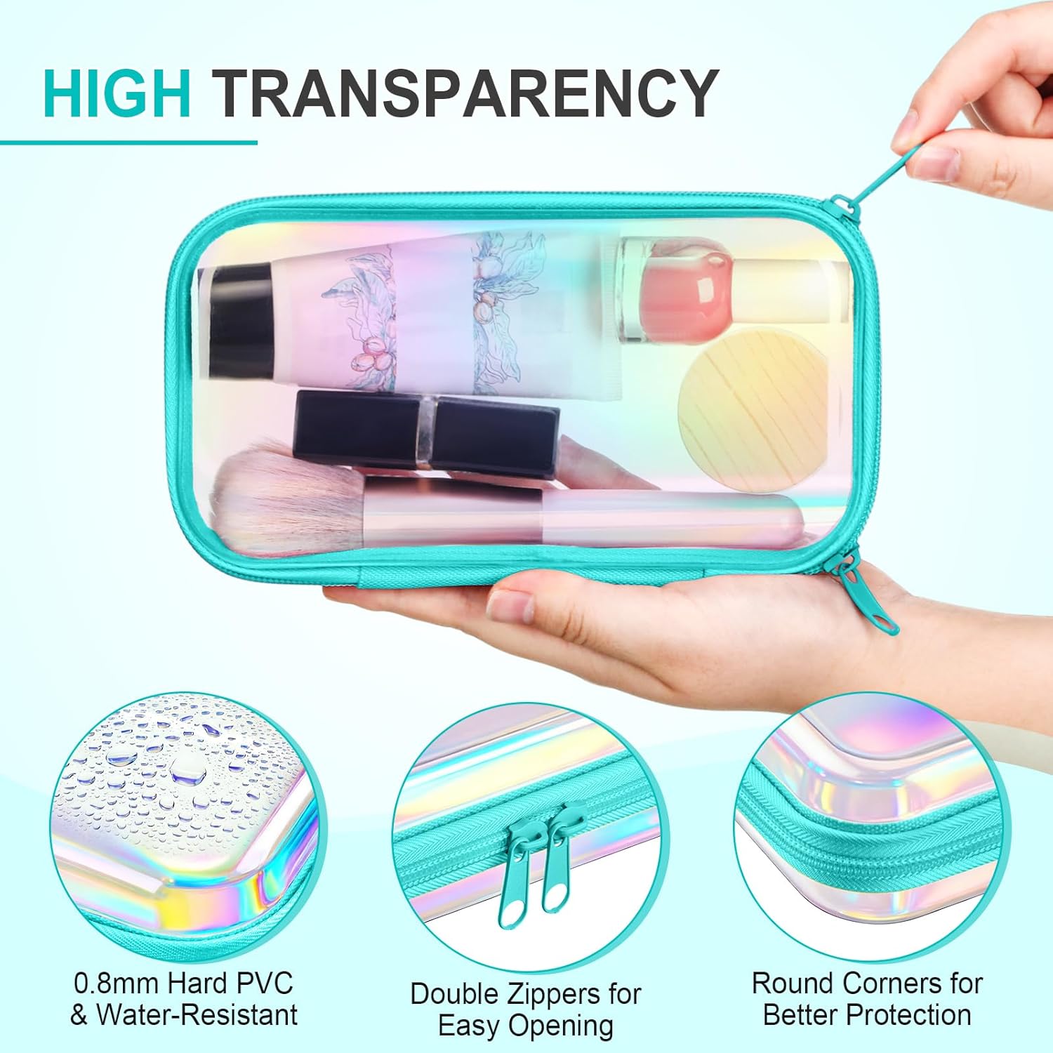 Hoolerry 4 Pcs Hard Clear Zipper Case Makeup Bags Plastic Pencil Pouch Transparent Storage Box Containers for Cosmetics, Snacks, Building Blocks, Puzzles(Blue Laser,7.5 x 3.9 x 2 in)-FemmiqueWomen