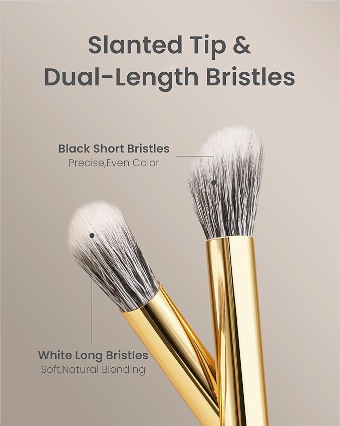 Desert Oak Series Stippling Brush - Dual-Length White & Gray LambsGoat Hair Bristles, Sloped Edge for Cream/Powder Perfection, Ebana Handle & Brass Ferrule (CM 168)-FemmiqueWomen