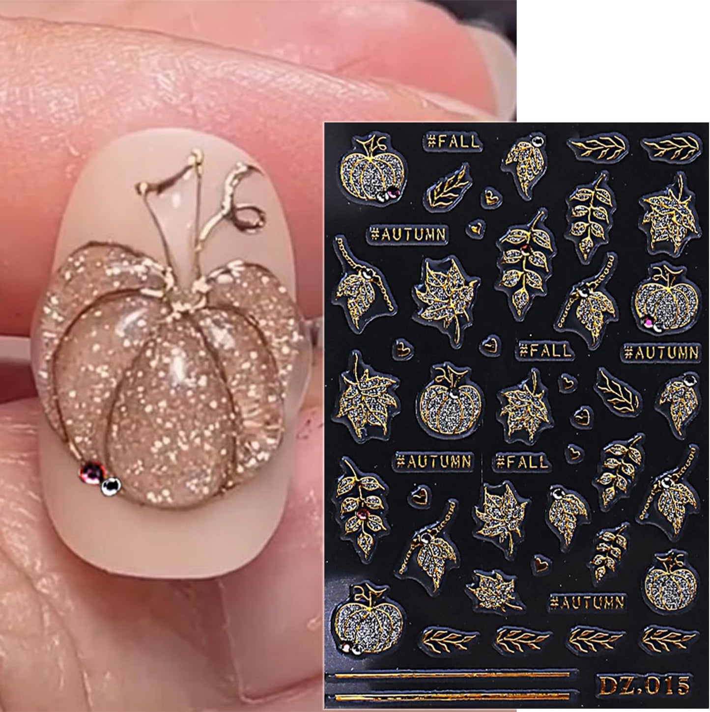 2 Sheets Fall Nail Stickers for Nail Art Glitter Gold Leaf Nail Art Stickers Embossed Autumn Pumpkin Nail Decals 5D Self-Adhesive Diamond Nail Design Sticker for Women Thanksgiving Nails Decoration-FemmiqueWomen