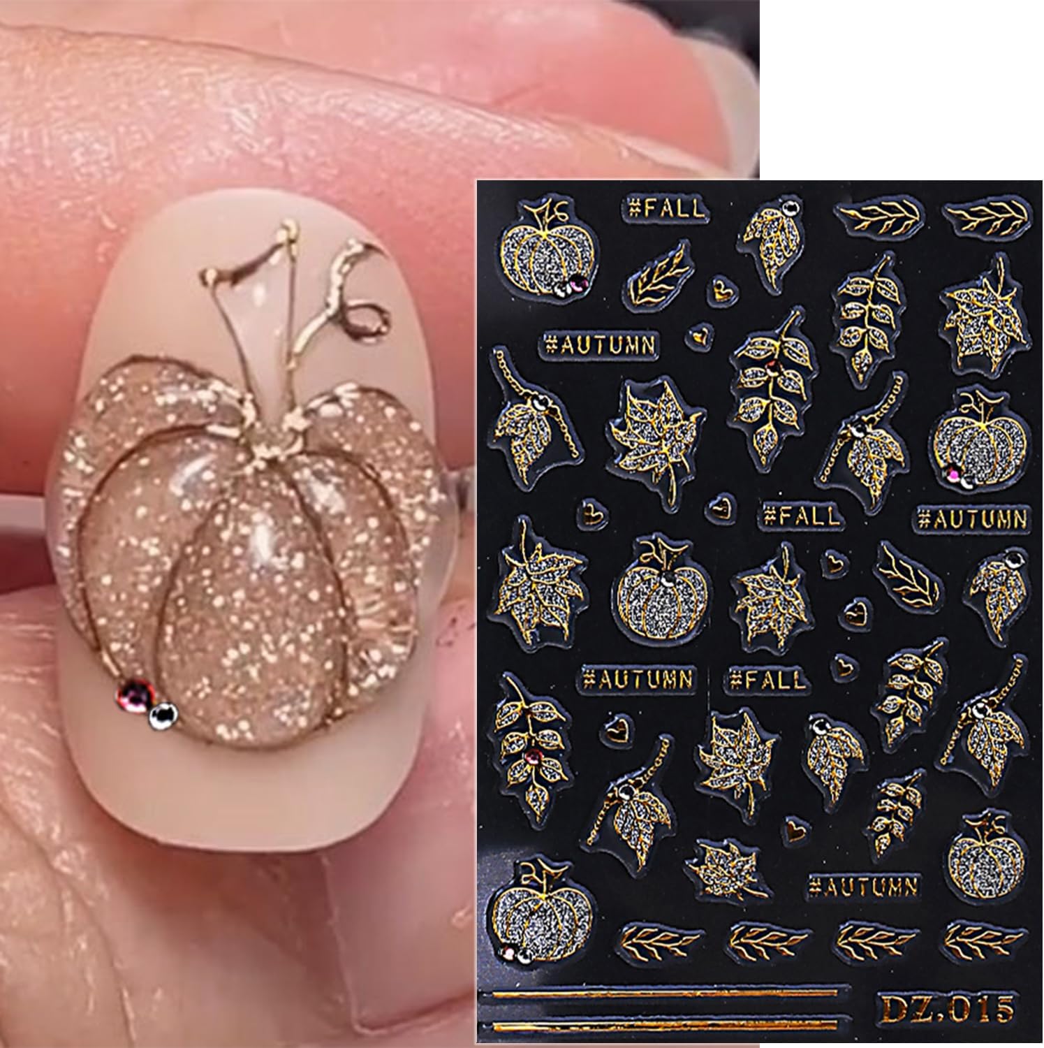 2 Sheets Fall Nail Stickers for Nail Art Glitter Gold Leaf Nail Art Stickers Embossed Autumn Pumpkin Nail Decals 5D Self-Adhesive Diamond Nail Design Sticker for Women Thanksgiving Nails Decoration-FemmiqueWomen