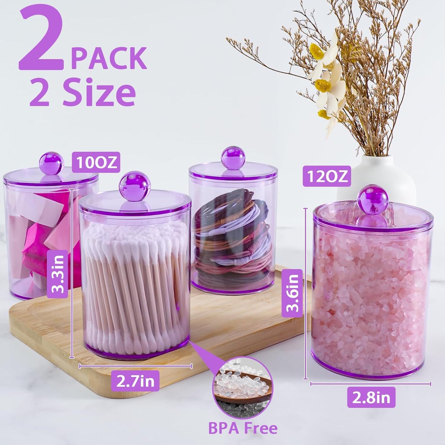 2 Pack Qtip Holder,Canister Apothecary Jar Set, Bathroom Jars with Lids Set for Cotton Swabs, Balls, Pads, Floss Picks,10oz-12oz Plastic Canisters Restroom Bedroom Vanity Organizer(Purple)-FemmiqueWomen