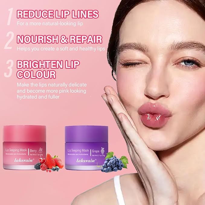 2PCS Lip Sleeping Mask, Lip Mask Overnight, Moisture & Lip Plumper Lip Wrinkles, Repair Lip Balm Prevention Dry and Cracked Lip Scrubs Exfoliato Smoothing Dry Lip Mask (Berry + Grape)-FemmiqueWomen