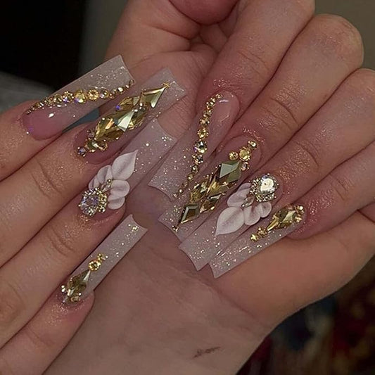 Long Gradient Press on Nails Square Fake Nails Nude Nails Tips Full Cover Crystal Gem Design False Nails for Women and Girls 24Pcs