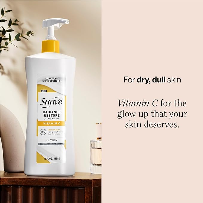 Suave Radiance Restore Hand & Body Lotion For Women With Vitamin C, Brighten & Hydrate Dry, Dull Skin, Non Greasy, Moisturizing Cream Evens Skin Tone, Allergen Free, 28 FL OZ Pump, 4 Pack-FemmiqueWomen
